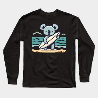 Cute koala with a surfboard on the beach, koala bear in summer vacation, koala lovers Long Sleeve T-Shirt